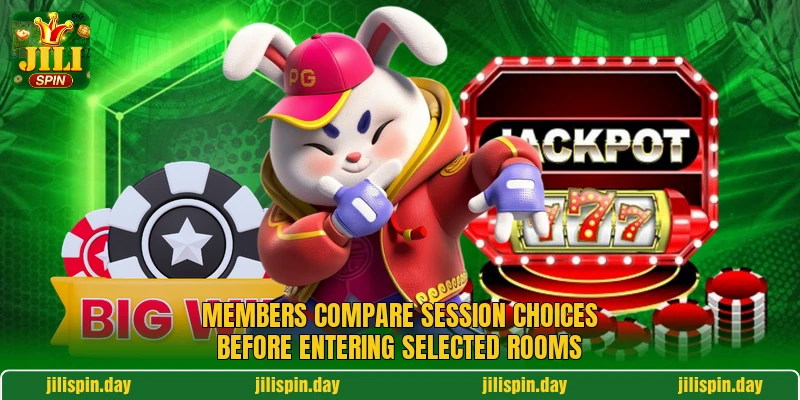 Members compare session choices before entering selected rooms Members compare session choices before entering selected rooms